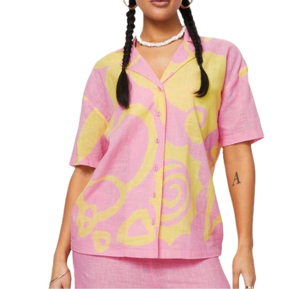 Princess Polly Lightweight Cotton Shirt, Pink/Yellow, Relaxed Fit, Size 4